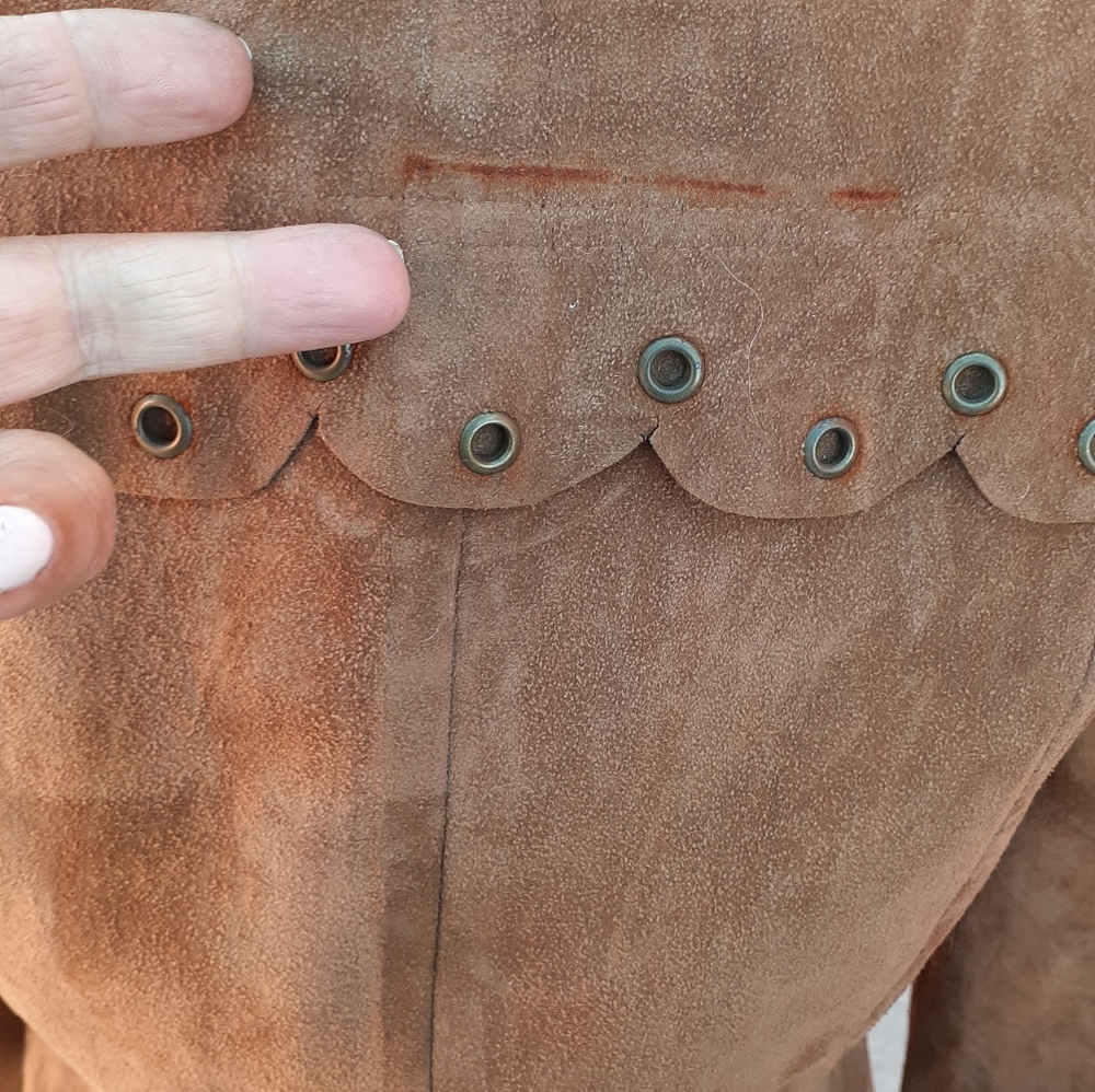 Boho  Tan Suede Zip Front Vtg Sheath Dress Scallop trim Long sleeves , SZ M - Picture 6 of 8